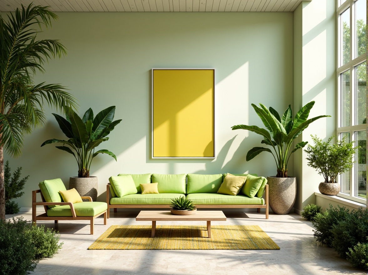 Prompt: Vibrant lime green accents, pastel yellow hues, soft mint undertones, creamy white walls, natural wood textures, modern minimalist furniture, sleek metal frames, geometric patterned rugs, abundant tropical plants, warm sunny day, shallow depth of field, 1/1 composition, realistic reflections, ambient occlusion.