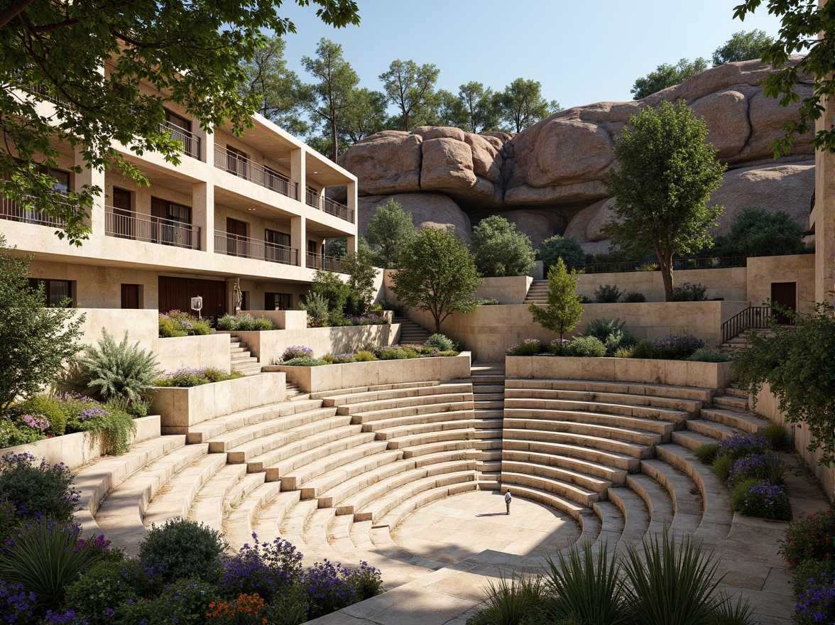 Prompt: Amphitheater-inspired constructivist architecture, grandiose stone steps, curved seating areas, ornate metal railings, lush greenery, vibrant flowers, natural rock formations, rustic wooden accents, earthy color palette, warm sunny day, soft diffused lighting, shallow depth of field, 3/4 composition, panoramic view, realistic textures, ambient occlusion.