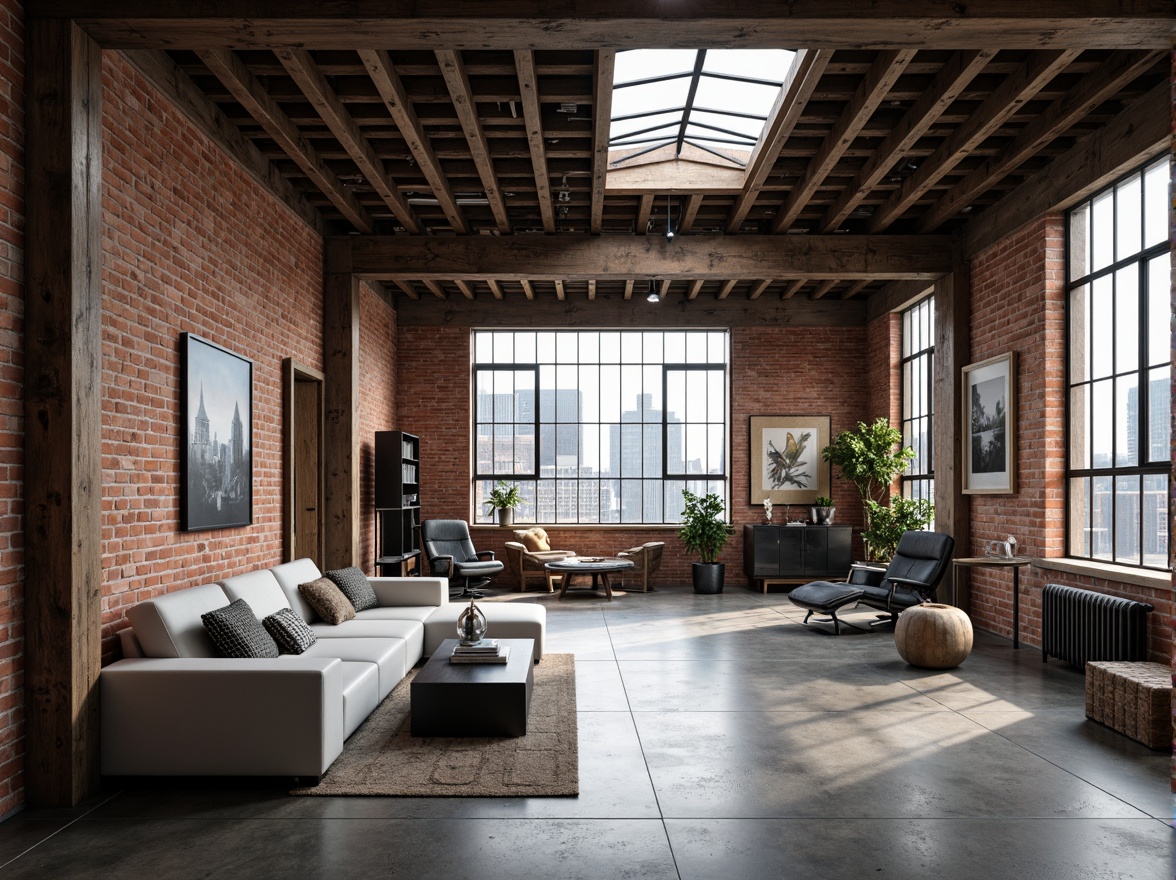 Prompt: Exposed brick walls, industrial metal beams, polished concrete floors, reclaimed wood accents, minimalist decor, abundant natural light, large skylights, urban cityscape views, modern brutalist architecture, functional simplicity, raw unfinished textures, distressed finishes, eclectic art installations, edgy contemporary furniture, moody atmospheric lighting, dramatic shadows, 3/4 composition, cinematic perspective, gritty realistic render.