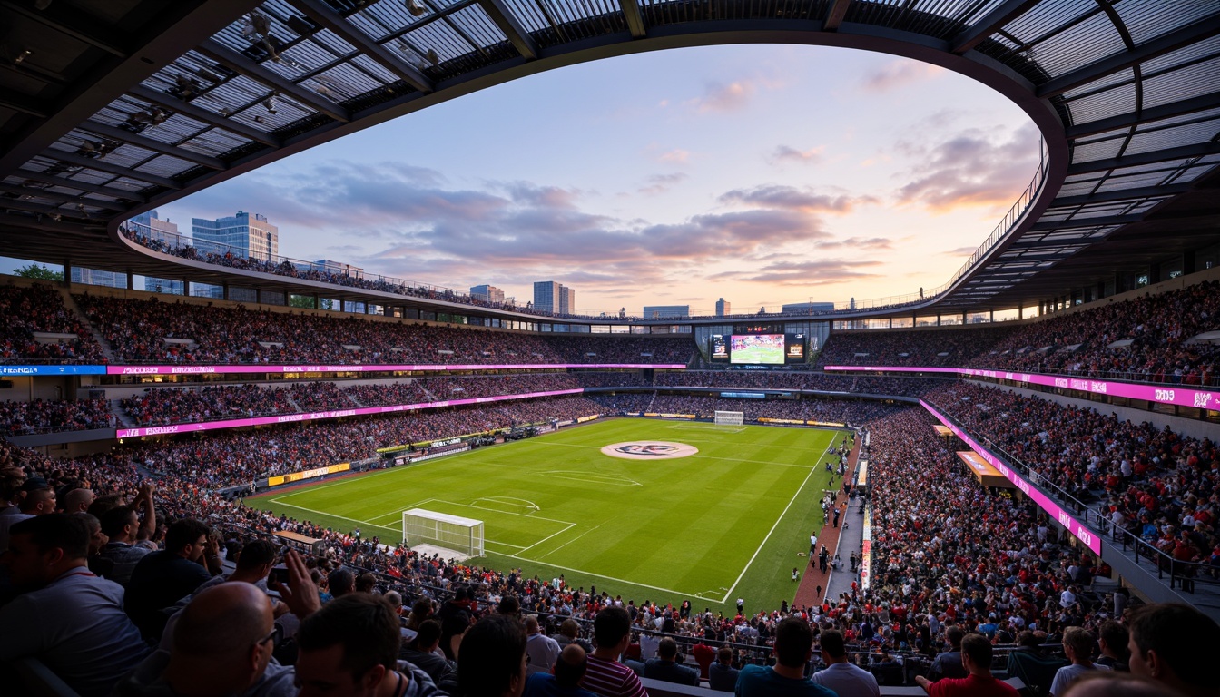 Prompt: Vibrant stadium atmosphere, energetic crowd, dynamic sports lighting, bold team colors, contrasting shades, gradient effects, metallic accents, sleek modern architecture, curved lines, geometric patterns, urban landscape, city skyline, evening sunset, warm golden hour, soft ambient glow, 1/2 composition, shallow depth of field, realistic textures, ambient occlusion.