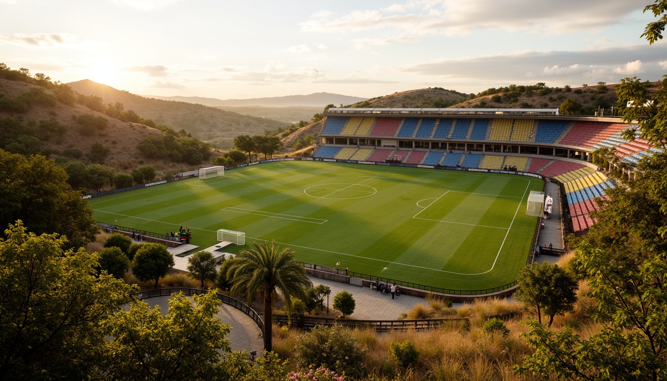 Prompt: Savanna landscape, lush green grass, scattered acacia trees, rolling hills, natural stone terracing, rustic wooden fences, soccer stadium architecture, curved grandstands, vibrant team colors, floodlighting, evening atmosphere, warm golden lighting, shallow depth of field, 3/4 composition, panoramic view, realistic textures, ambient occlusion, tropical plants, exotic flowers, meandering pathways, organic shapes, earthy tones, natural materials, eco-friendly design.