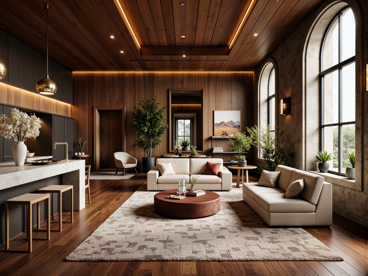 Prompt: Elegant interior space, rich wood accents, luxurious marble countertops, soft warm lighting, plush area rugs, comfortable velvet sofas, natural stone walls, reclaimed wooden floors, metallic decorative fixtures, earthy color palette, organic textures, subtle patterns, harmonious balance, 1/1 composition, shallow depth of field, realistic rendering.