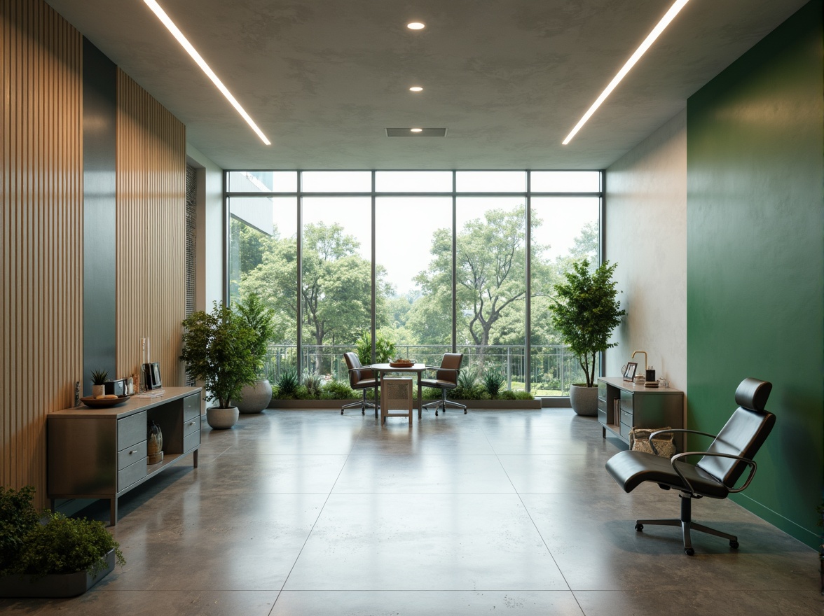 Prompt: Minimalist clinic interior, clean lines, monochromatic color scheme, sleek metal furniture, polished concrete floors, abundant natural light, floor-to-ceiling windows, green walls, calming ambiance, modern medical equipment, stainless steel surfaces, ergonomic chairs, minimalist decor, subtle textures, soft warm lighting, shallow depth of field, 3/4 composition, realistic renderings, ambient occlusion.