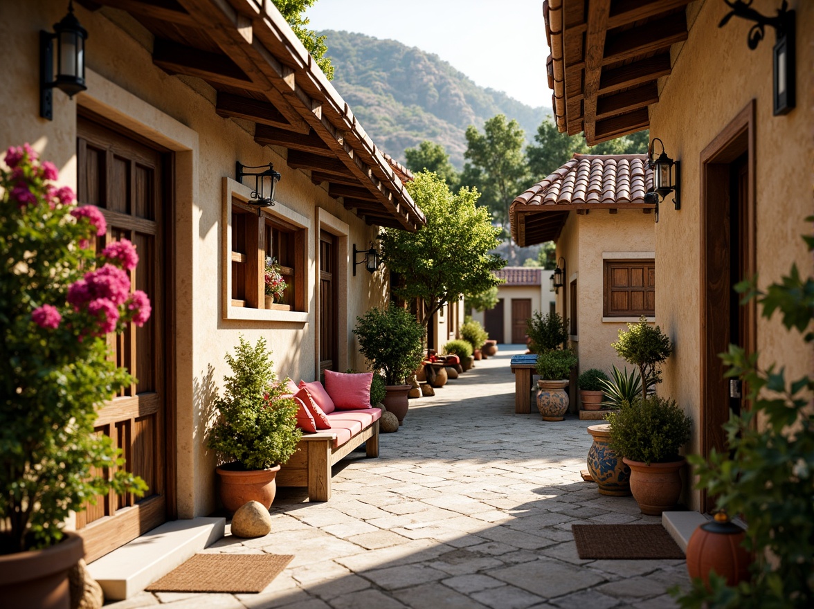 Prompt: Rustic village setting, earthy tones, natural stone walls, wooden beams, clay tile roofs, ornate doorways, intricate carvings, vibrant textiles, colorful ceramics, lush greenery, blooming flowers, rustic lanterns, warm soft lighting, shallow depth of field, 1/1 composition, realistic textures, ambient occlusion.