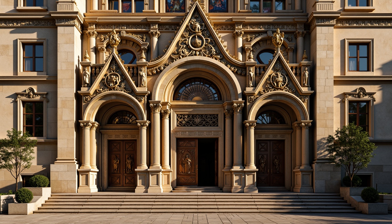 Prompt: Ornate church facade, intricately carved stone walls, gilded details, ornamental columns, grand entranceways, rusticated quoins, weathered limestone, aged bronze doors, stained glass windows, vibrant frescoes, decorative pediments, sculpted saints, lavish ornamentation, warm golden lighting, dramatic shadows, high contrast ratio, 1/2 composition, symmetrical framing, realistic normal maps.