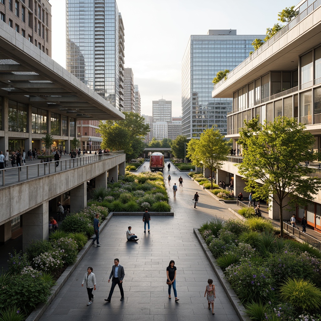 Prompt: Vibrant train station plaza, lush green roofs, natural stone walls, modern architecture, large glass canopies, steel beams, urban landscape integration, pedestrian-friendly walkways, bike lanes, public art installations, dynamic lighting systems, shallow depth of field, 3/4 composition, panoramic view, realistic textures, ambient occlusion, bustling city atmosphere, morning commute scene, soft warm lighting.