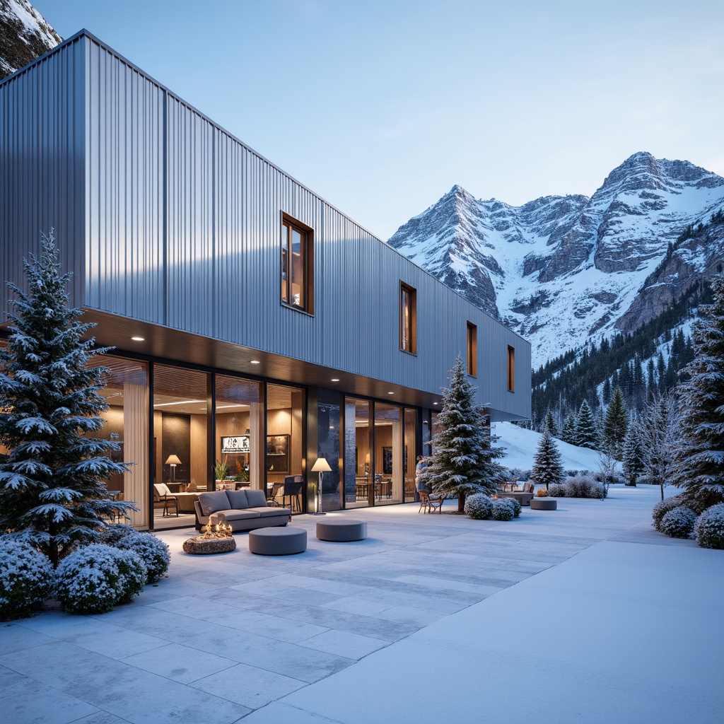 Prompt: Snow-capped mountains, frosty mornings, ski resort architecture, modern facade design, angular lines, metallic materials, glass surfaces, LED lighting installations, dynamic patterns, kinetic structures, wind-resistant designs, snow-load calculations, thermal insulation systems, energy-efficient solutions, sustainable building practices, wooden accents, rustic textures, cozy interior ambiance, warm lighting effects, 3/4 composition, shallow depth of field, panoramic views, realistic renderings, ambient occlusion.