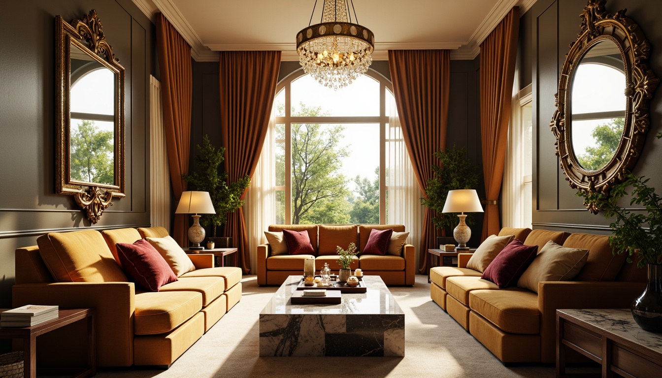 Prompt: Luxurious modern living room, Art Deco inspired furniture, metallic accents, geometric patterns, ornate mirrors, velvet sofas, marble coffee tables, crystal chandeliers, bold color schemes, opulent textiles, lavish drapery, sunlit windows, high ceilings, sleek lines, minimalist decor, sophisticated ambiance, warm golden lighting, shallow depth of field, 1/1 composition, realistic reflections, ambient occlusion.