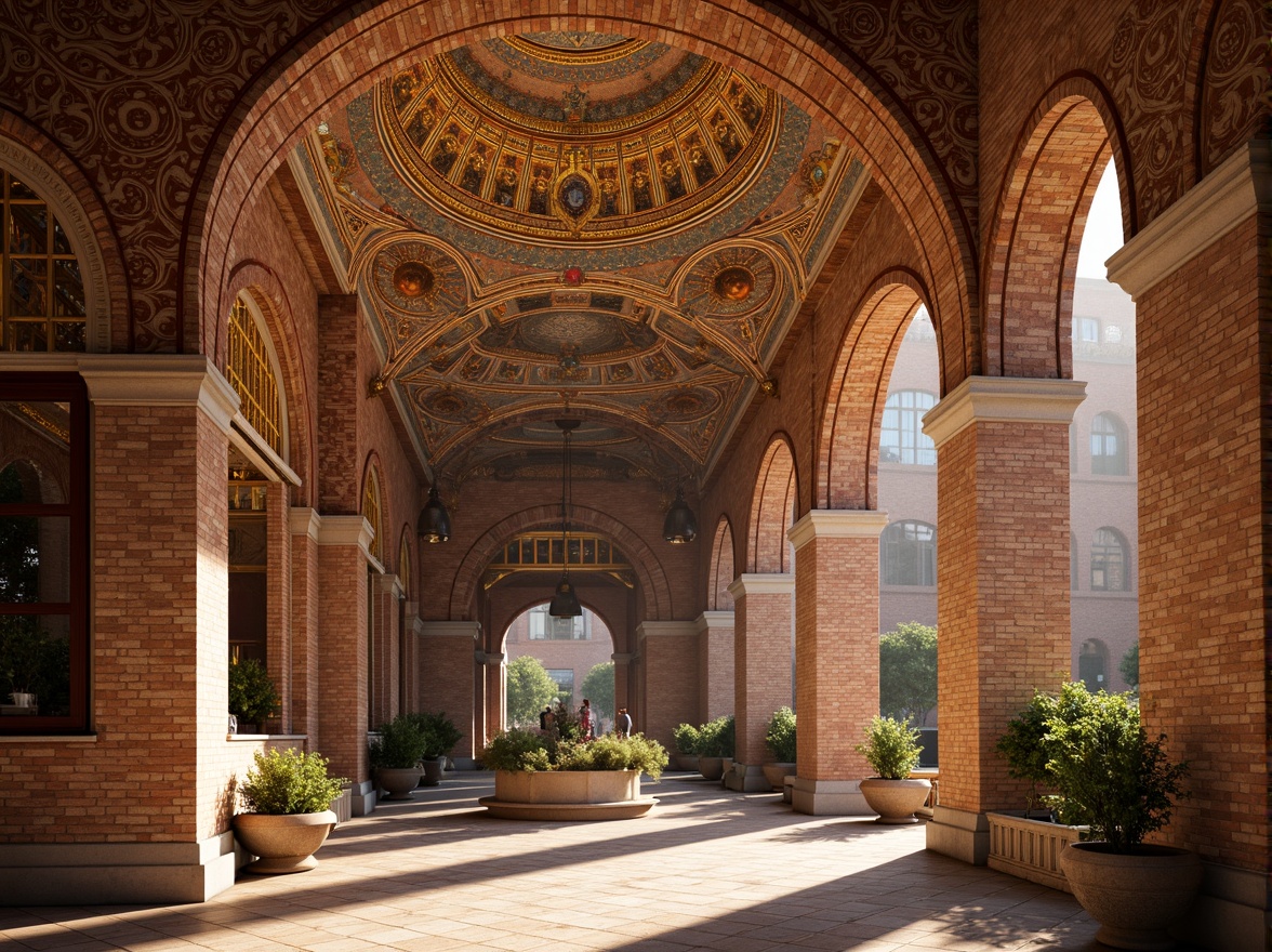 Prompt: Intricate Byzantine architecture, ornate brick patterns, warm earthy tones, rustic textures, grand arches, majestic domes, richly decorated facades, ornamental columns, vibrant mosaic tiles, golden accents, soft warm lighting, shallow depth of field, 1/1 composition, realistic textures, ambient occlusion.