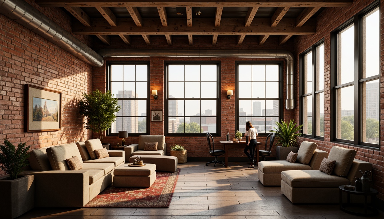 Prompt: Exposed brick walls, wooden beam ceilings, industrial metal pipes, reclaimed wood floors, vintage decorative items, soft warm lighting, cozy reading nooks, plush velvet sofas, distressed leather armchairs, eclectic art collections, floor-to-ceiling windows, cityscape views, minimalist decor, rustic-chic accents, natural textiles, earthy color palette, intimate ambiance, 1/1 composition, shallow depth of field, warm golden hour lighting, soft focus effect.