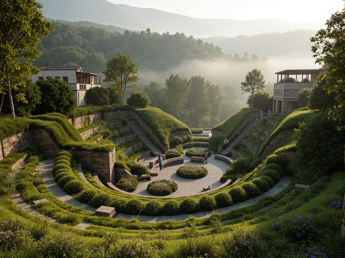 Prompt: Natural amphitheater setting, lush green hills, tiered seating areas, curved walkways, rustic stone walls, wooden benches, scenic overlooks, panoramic views, surrounding forest, misty morning atmosphere, soft warm lighting, shallow depth of field, 3/4 composition, realistic textures, ambient occlusion, integrated landscape design, harmonious architecture, organic shapes, earthy tones, native plant species, meandering paths, tranquil water features.