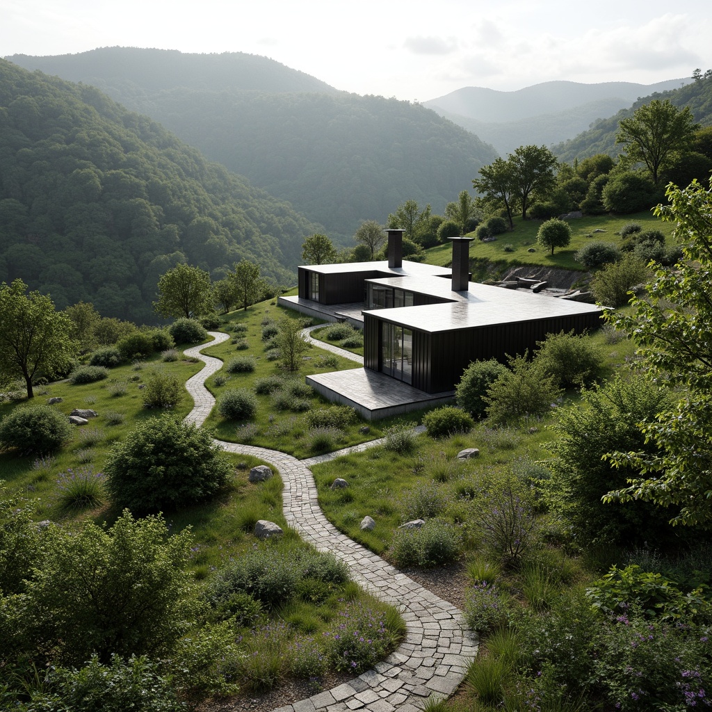 Prompt: Rustic hillside, lush green vegetation, winding stone pathways, modernist Bauhaus buildings, flat roofs, rectangular forms, industrial materials, steel frames, large windows, minimalist decor, functional design, harmonious integration, natural surroundings, rolling hills, serene atmosphere, soft diffused lighting, shallow depth of field, 2/3 composition, panoramic view, realistic textures, ambient occlusion.