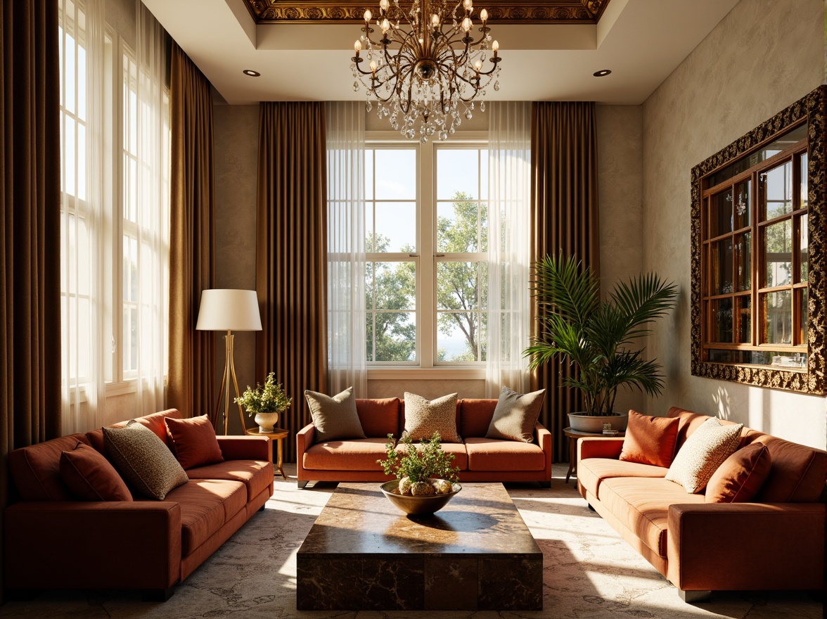 Prompt: Luxurious modern living room, Art Deco inspired furniture, metallic accents, geometric patterns, ornate mirrors, velvet sofas, marble coffee tables, crystal chandeliers, bold color schemes, opulent textiles, lavish drapery, sunlit windows, high ceilings, sleek lines, minimalist decor, sophisticated ambiance, warm golden lighting, shallow depth of field, 1/1 composition, realistic reflections, ambient occlusion.