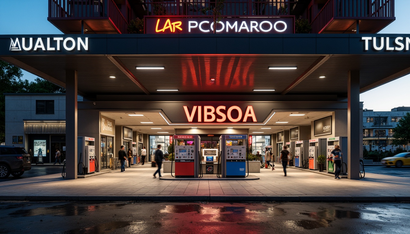 Prompt: Urban gas station, industrial chic, metallic accents, neon signage, bold typography, concrete flooring, steel beams, modern LED lighting, sleek fuel pumps, urban landscape, cityscape views, busy streets, morning commute, soft warm glow, shallow depth of field, 1/1 composition, realistic textures, ambient occlusion.