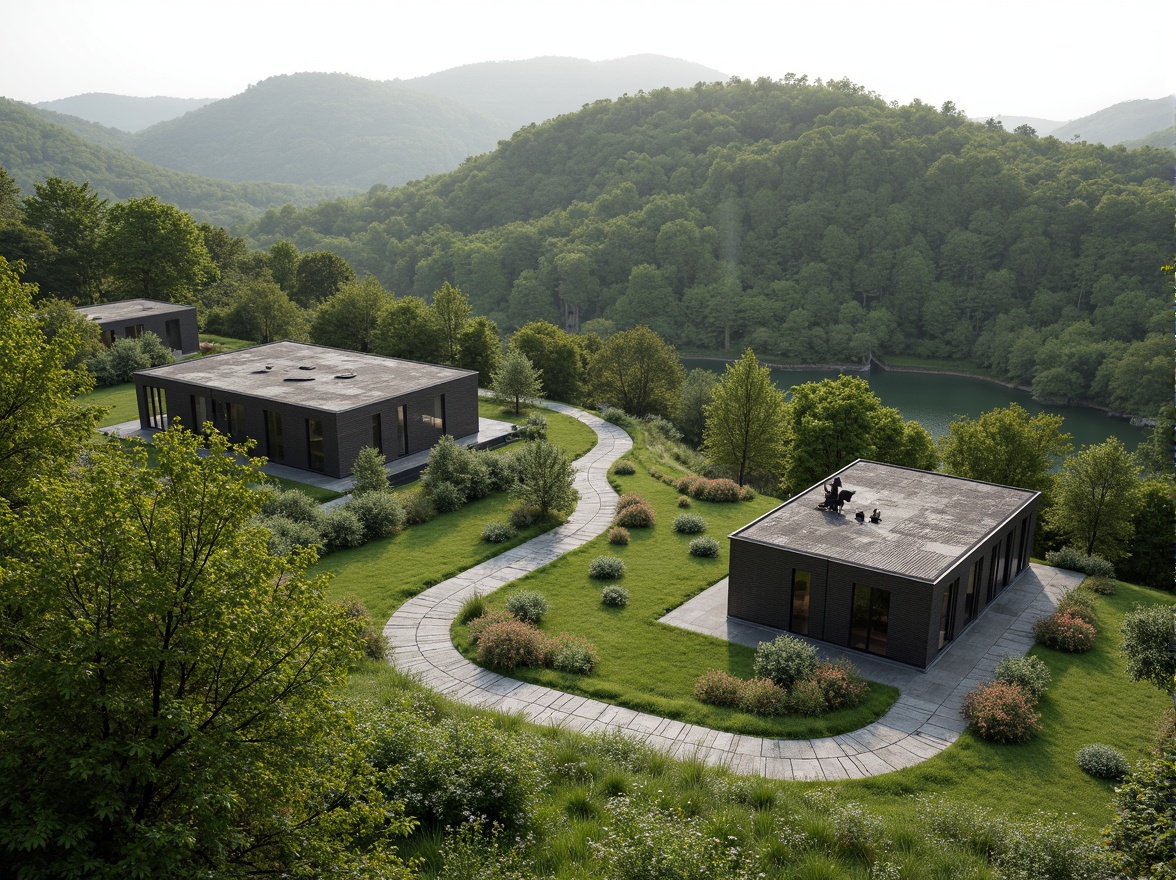 Prompt: Rustic hillside, lush green vegetation, winding stone pathways, modernist Bauhaus buildings, flat roofs, rectangular forms, industrial materials, steel frames, large windows, minimalist decor, functional design, harmonious integration, natural surroundings, rolling hills, serene atmosphere, soft diffused lighting, shallow depth of field, 2/3 composition, panoramic view, realistic textures, ambient occlusion.