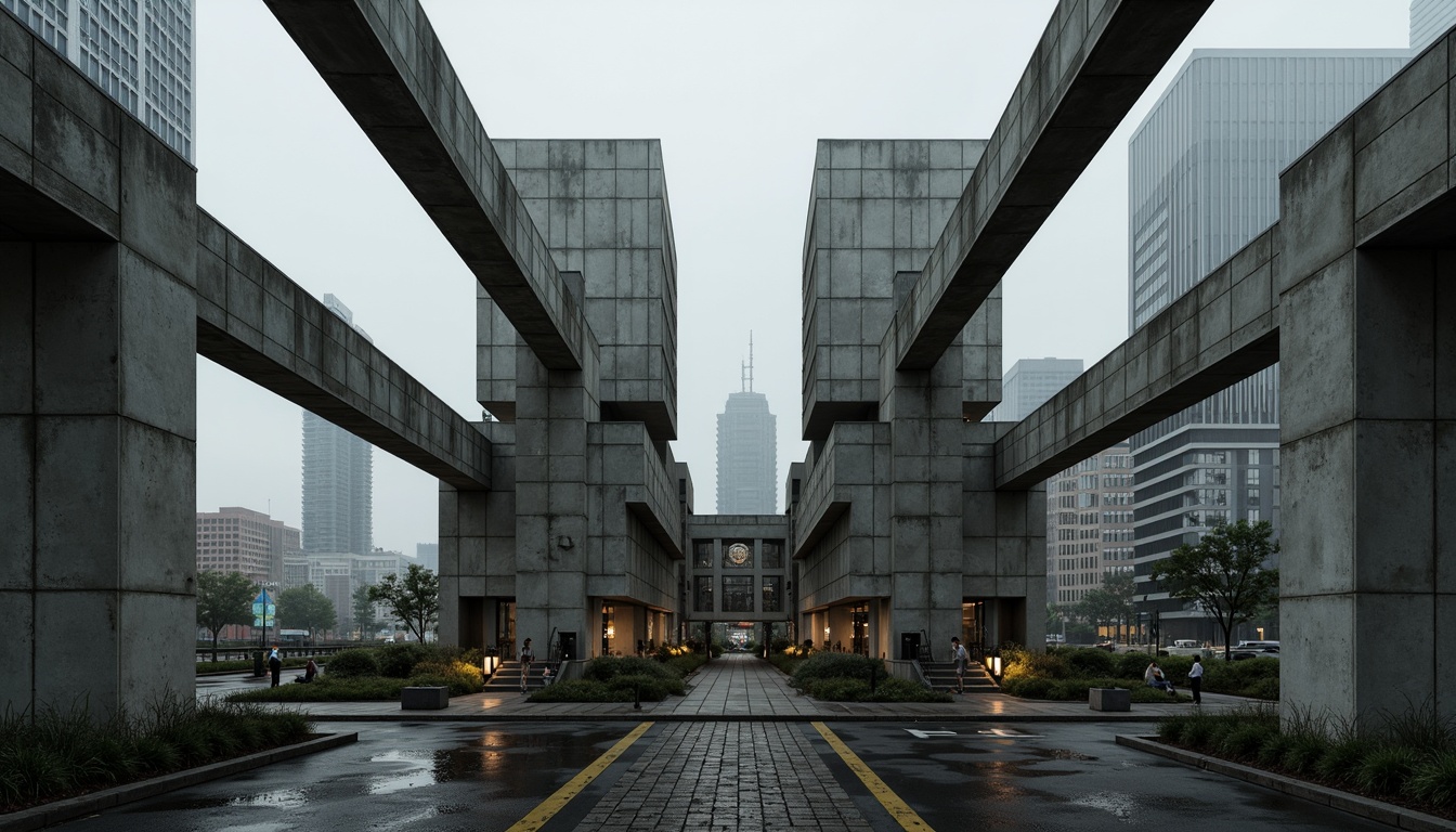 Prompt: Massive concrete forms, brutalist architecture, industrial distribution center, rugged textures, exposed ductwork, raw steel beams, functional minimalism, urban cityscape, overcast skies, dramatic shadows, high-contrast lighting, cinematic composition, symmetrical framing, bold geometric shapes, reinforced materials, utilitarian aesthetic, functional simplicity, mechanized systems, metallic accents, distressed finishes, monumental scale, imposing presence, atmospheric misting.