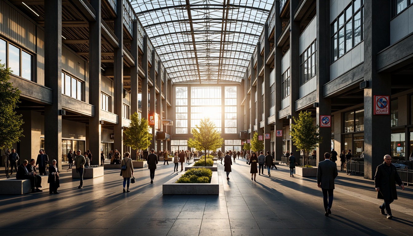 Prompt: Grand train station, high ceilings, large windows, natural light pouring in, steel beams, industrial architecture, modern design, urban atmosphere, busy commuters, rush hour scene, soft warm lighting, shallow depth of field, 1/1 composition, realistic textures, ambient occlusion, glass roofs, skylights, clerestory windows, open spaces, pedestrian walkways, public art installations, urban furniture, greenery, plants, trees.