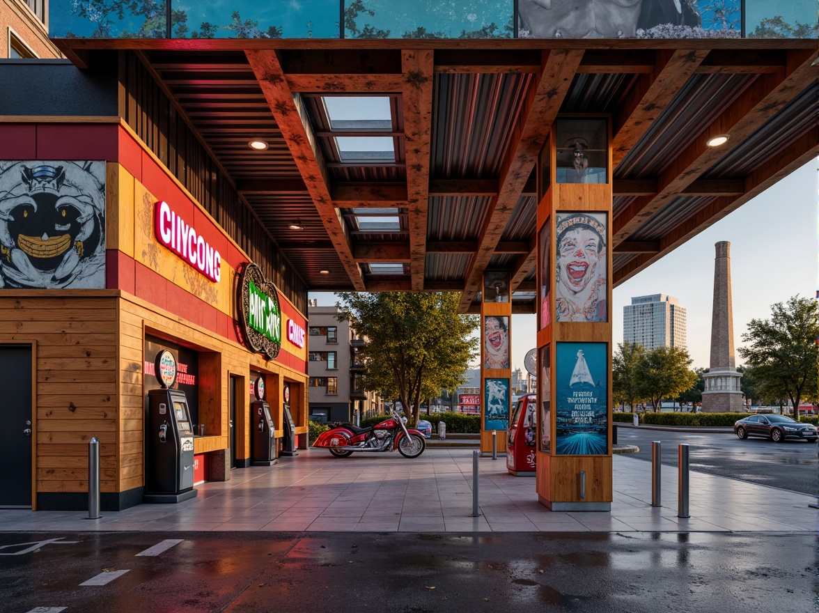 Prompt: Retro-futuristic gas station, eclectic mix of materials, distressed metal cladding, reclaimed wood accents, vibrant neon signs, bold color blocking, industrial-style lighting fixtures, polished concrete floors, exposed ductwork, corrugated steel roofs, ornate decorative tiles, vintage-inspired fuel pumps, modern LED signage, abstract graffiti murals, urban cityscape backdrop, warm golden hour lighting, shallow depth of field, 1/1 composition, realistic textures, ambient occlusion.