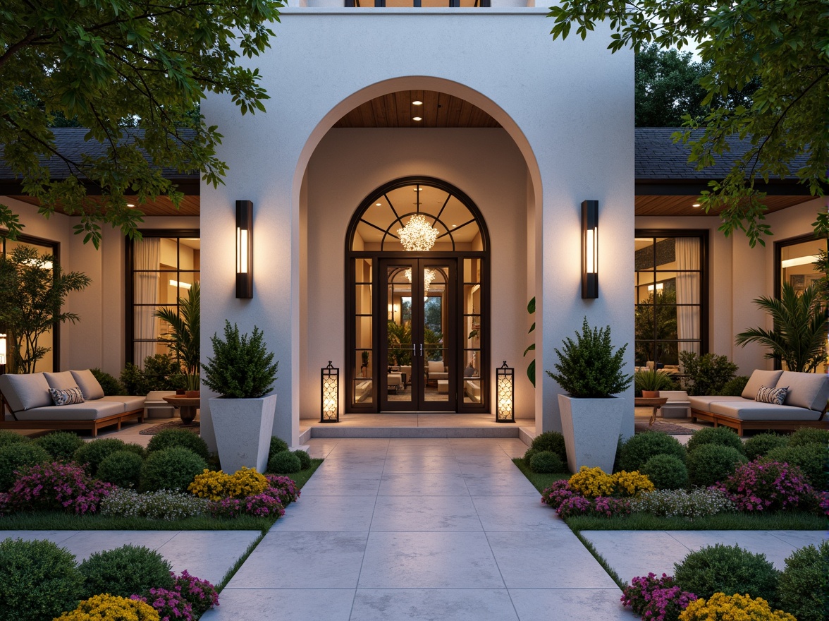 Prompt: Grand entrance gates, elegant archways, inviting pathways, lush greenery, vibrant flowers, modern lanterns, warm lighting, comfortable seating areas, stylish planters, decorative fountains, spacious porches, classic columns, ornate doorways, luxurious materials, sophisticated color schemes, shallow depth of field, 1/1 composition, realistic textures, ambient occlusion.