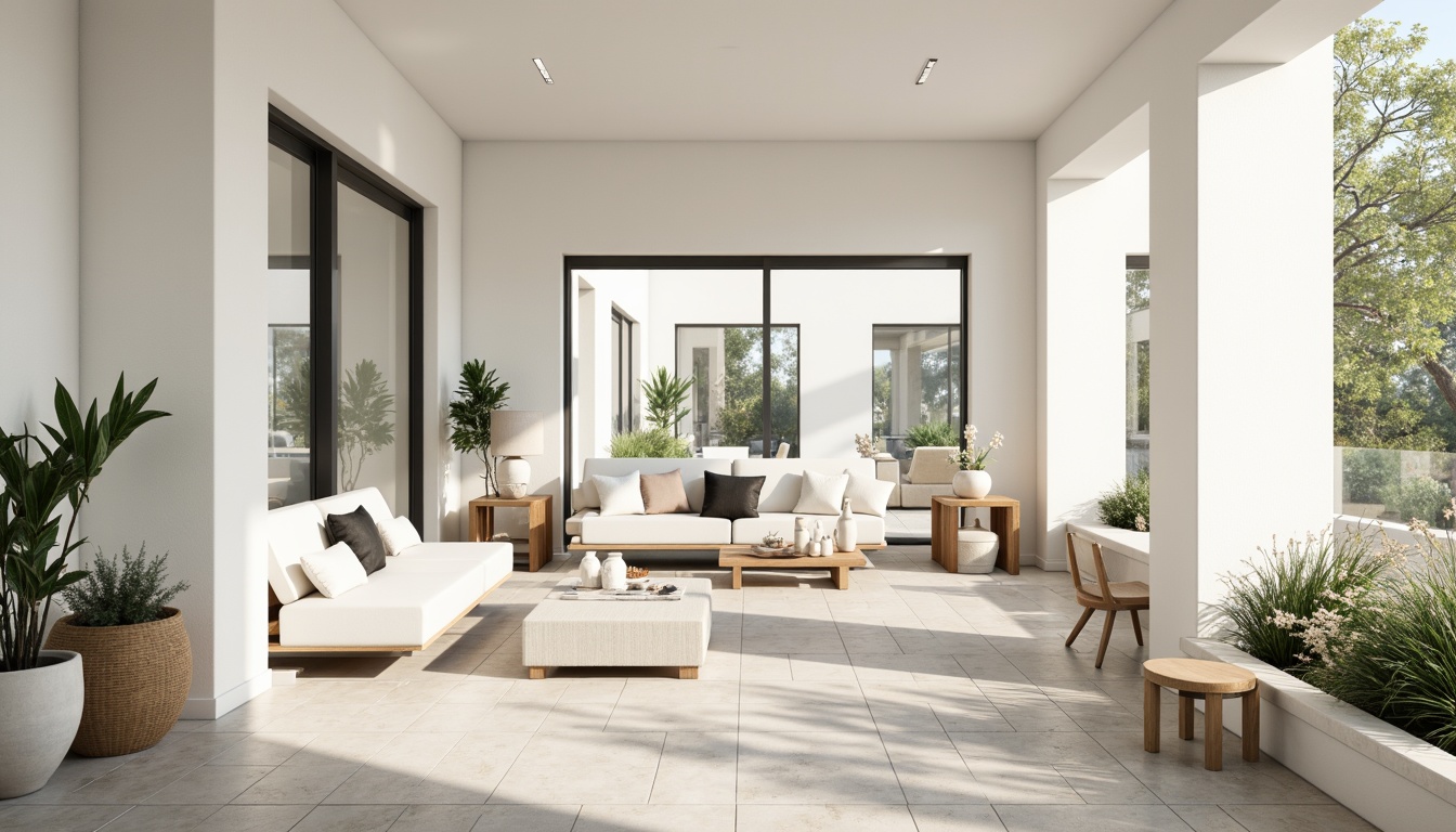 Prompt: Simple white walls, large windows, sliding glass doors, natural stone floors, minimal ornamentation, clean lines, monochromatic color scheme, abundant natural light, bright airy atmosphere, sparse greenery, potted plants, wooden accents, subtle textures, soft warm lighting, shallow depth of field, 3/4 composition, panoramic view, realistic reflections, ambient occlusion.