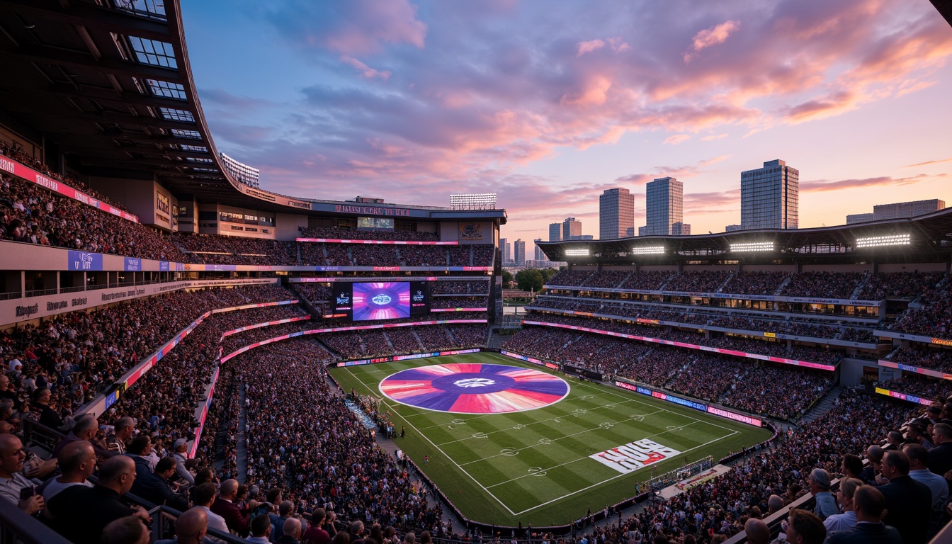 Prompt: Vibrant stadium atmosphere, energetic crowd, dynamic sports lighting, bold team colors, contrasting shades, gradient effects, metallic accents, sleek modern architecture, curved lines, geometric patterns, urban landscape, city skyline, evening sunset, warm golden hour, soft ambient glow, 1/2 composition, shallow depth of field, realistic textures, ambient occlusion.