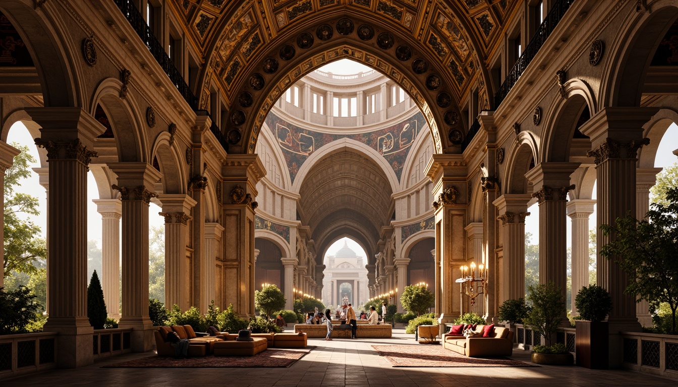 Prompt: Intricate arches, ornate carvings, golden mosaics, grand domes, majestic columns, ornamental capitals, richly patterned textiles, lavish furnishings, opulent chandeliers, warm candlelight, soft shadows, atmospheric ambiance, 1/1 composition, symmetrical framing, high-contrast lighting, realistic stone textures, ambient occlusion, Byzantine-inspired motifs, ancient Greek influences, Romanesque Revival elements.