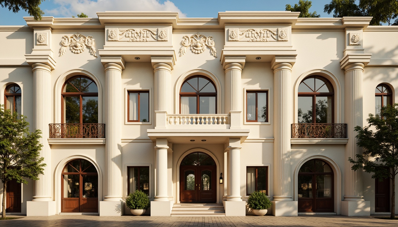 Prompt: Elegant social housing facade, neoclassical architecture style, symmetrical composition, ornate details, grand entrance, ionic columns, decorative pilasters, rusticated base, arched windows, balconies with intricate metalwork, soft cream-colored stucco, subtle texture variations, warm golden lighting, shallow depth of field, 1/2 composition, realistic materials, ambient occlusion.