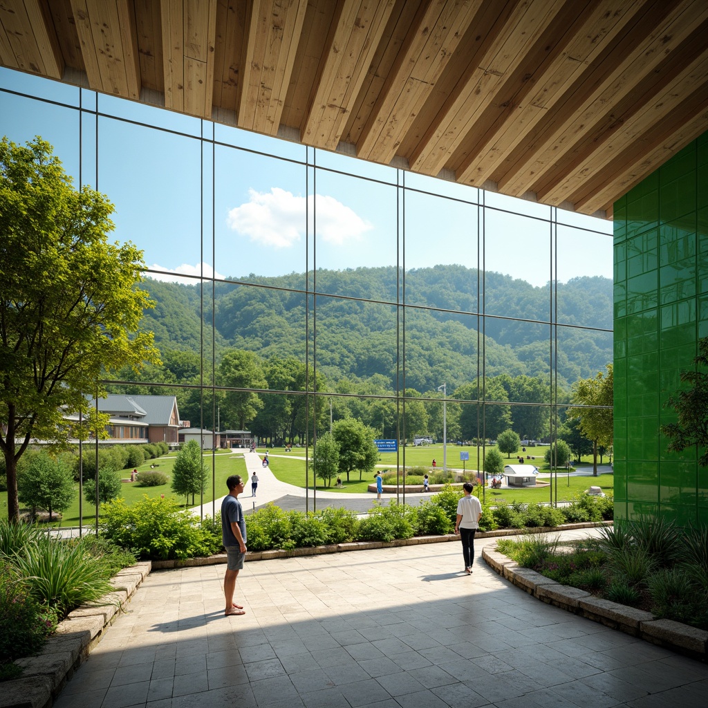 Prompt: Vibrant gymnasium interior, lush green walls, natural stone flooring, wooden accents, floor-to-ceiling windows, abundant daylight, panoramic views, outdoor landscape integration, rolling hills, verdant meadows, serene water features, walking trails, athletic tracks, sports equipment, modern architecture, minimalist design, eco-friendly materials, sustainable energy solutions, solar panels, shaded outdoor spaces, misting systems, realistic textures, ambient occlusion, shallow depth of field, 3/4 composition.