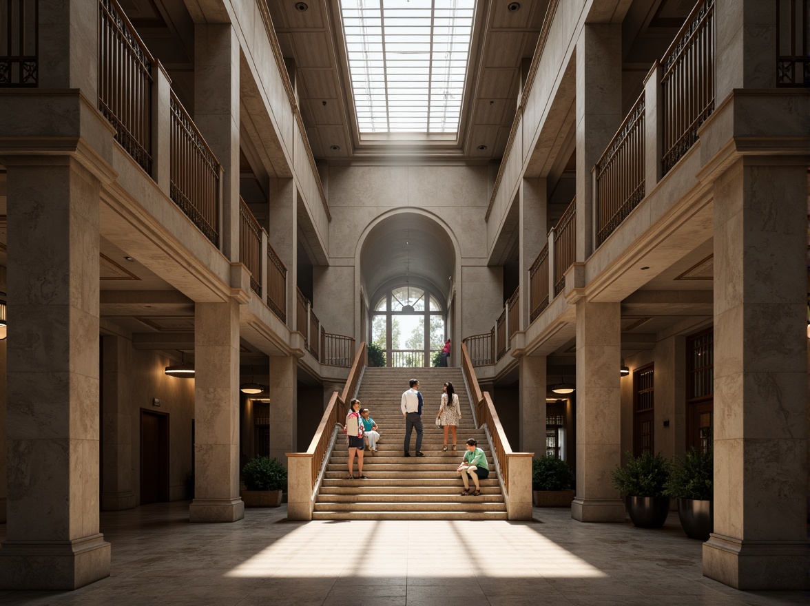 Prompt: Grand courthouse entrance, imposing stone columns, ornate metal gates, symmetrical fa\u00e7ade, high ceilings, grand staircases, polished marble floors, intricate moldings, natural light pouring through clerestory windows, warm soft lighting, subtle shadows, dramatic spotlights, 1/1 composition, realistic textures, ambient occlusion, morning sunlight, subtle color grading.