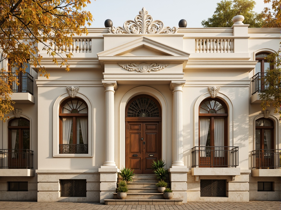 Prompt: Elegant social housing facade, neoclassical architecture style, symmetrical composition, ornate details, grand entrance, ionic columns, decorative pilasters, rusticated base, arched windows, balconies with intricate metalwork, soft cream-colored stucco, subtle texture variations, warm golden lighting, shallow depth of field, 1/2 composition, realistic materials, ambient occlusion.