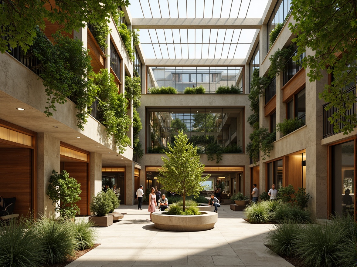 Prompt: Vibrant atrium, lush greenery, natural stone walls, wooden accents, floor-to-ceiling windows, clerestory windows, skylights, open floor plans, minimalist decor, earthy color palette, warm ambient lighting, soft shadows, 1/1 composition, realistic textures, subtle reflections, morning sunlight, afternoon warmth, gentle glow, sustainable building materials, eco-friendly design, organic architecture, seamless transitions.