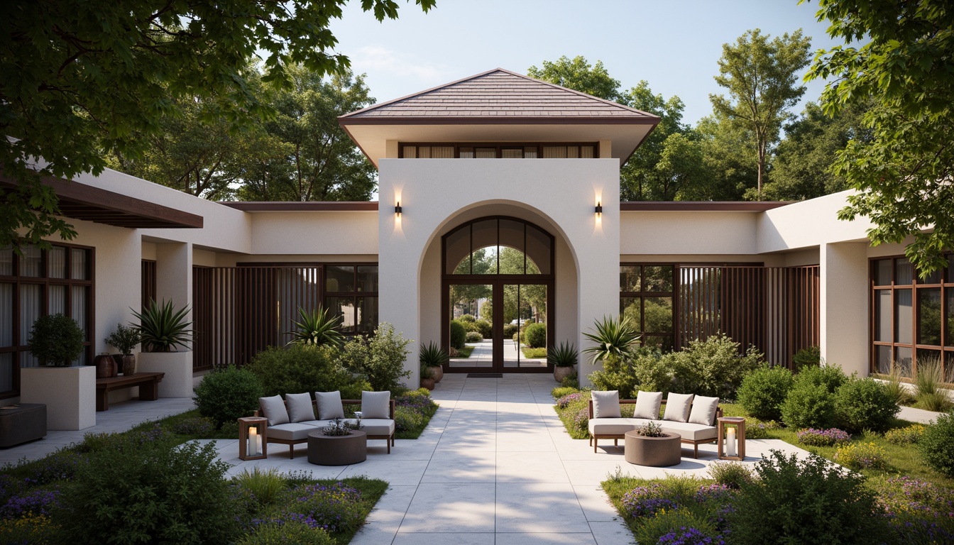 Prompt: Grand entrance gates, elegant archways, inviting pathways, lush greenery, vibrant flowers, modern lanterns, warm lighting, comfortable seating areas, stylish planters, decorative fountains, spacious porches, classic columns, ornate doorways, luxurious materials, sophisticated color schemes, shallow depth of field, 1/1 composition, realistic textures, ambient occlusion.