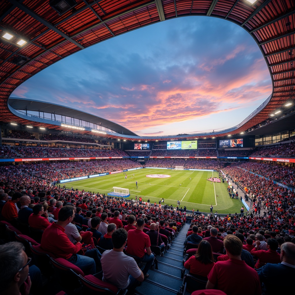 Prompt: Vibrant stadium atmosphere, energetic crowd, dynamic sports lighting, bold team colors, contrasting shades, gradient effects, metallic accents, sleek modern architecture, curved lines, geometric patterns, urban landscape, city skyline, evening sunset, warm golden hour, soft ambient glow, 1/2 composition, shallow depth of field, realistic textures, ambient occlusion.