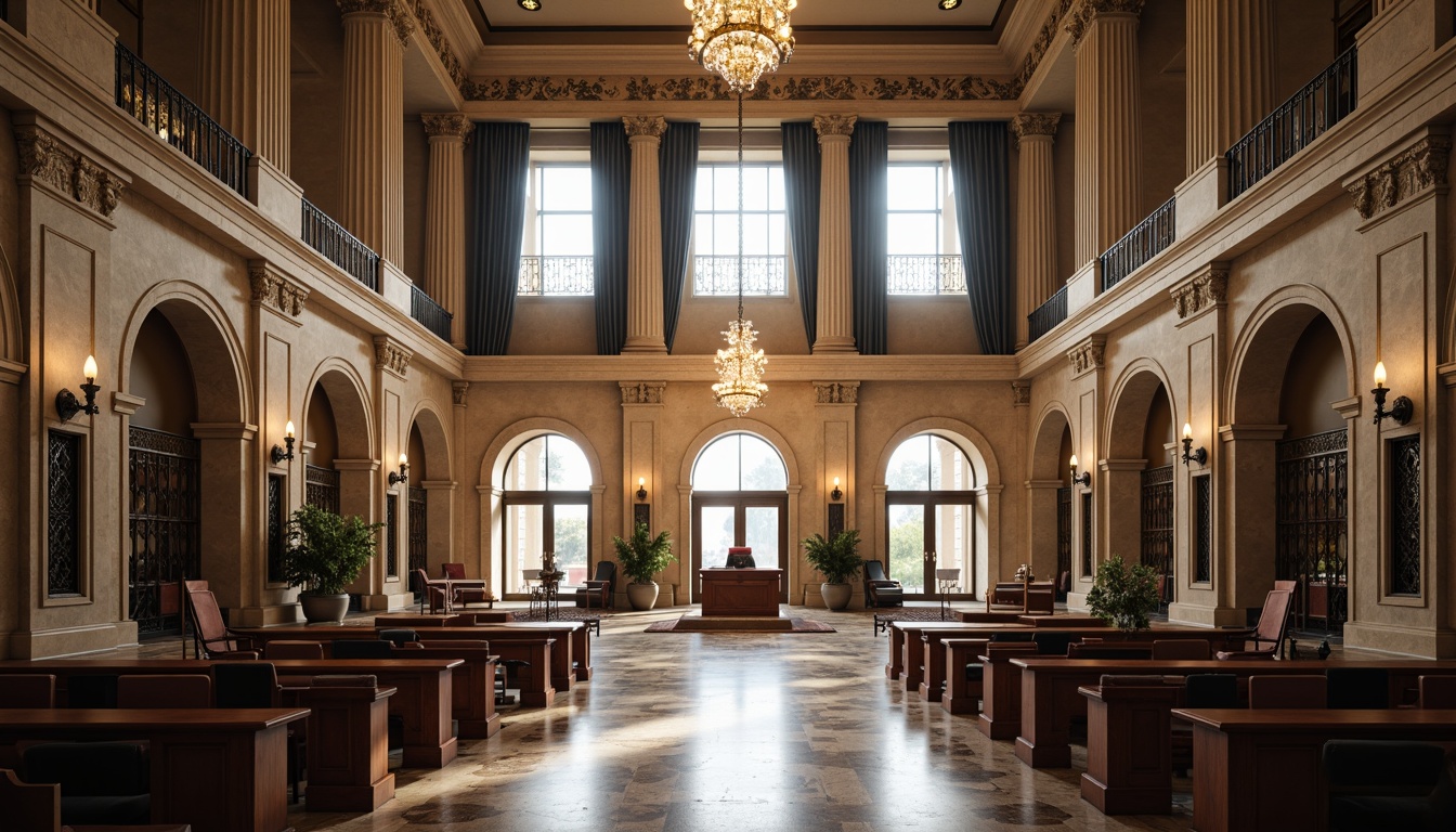 Prompt: Grand courthouse entrance, imposing stone columns, symmetrical fa\u00e7ade, ornate metal gates, spacious atrium, natural light pouring in, high ceilings, elegant chandeliers, polished marble floors, formal courtroom settings, wooden benches, judge's podium, witness stands, grand staircases, sweeping archways, neoclassical architecture, monumental scale, dramatic lighting, 1/2 composition, low-angle shot, realistic textures, ambient occlusion.