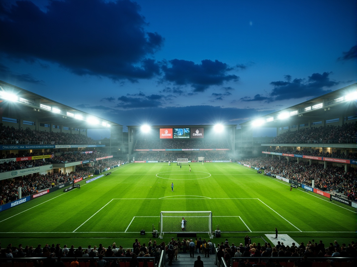 Prompt: Floodlit soccer stadium, vibrant green grass, evening atmosphere, dramatic shadows, high-intensity LED lights, uniform illumination, 3000K warm white tone, glare-free lighting, spectator seating areas, player tunnels, goalposts, scoreboards, giant video screens, dynamic light shows, pre-game entertainment, halftime performances, nighttime events, atmospheric fog effects, misty ambiance, shallow depth of field, 1/2 composition, wide-angle lens, realistic textures, ambient occlusion.