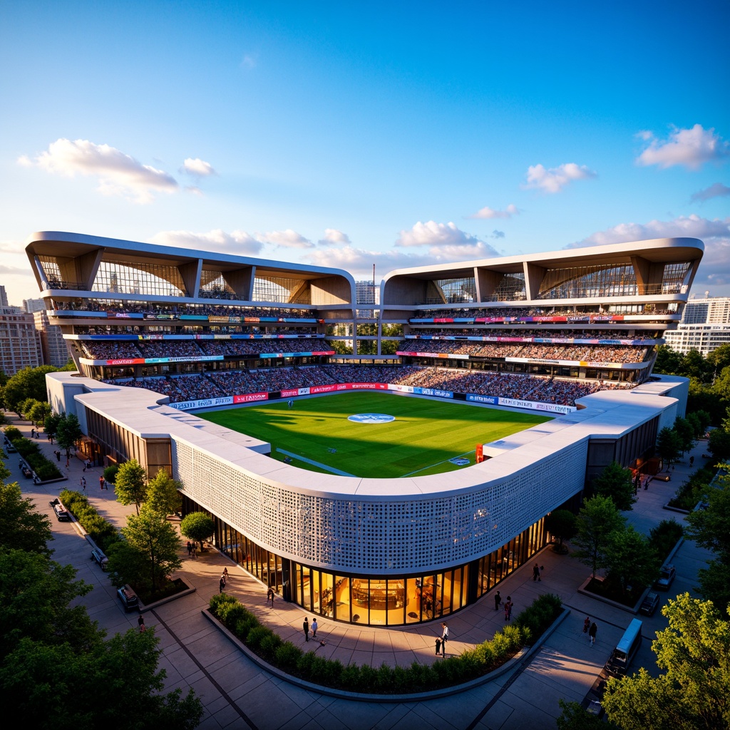 Prompt: Modern stadium architecture, perforated metal panels, sleek curved lines, cantilevered roofs, vibrant LED lighting, bustling crowd atmosphere, urban cityscape backdrop, clear blue sky, warm sunny day, shallow depth of field, 3/4 composition, panoramic view, realistic textures, ambient occlusion, sports-themed signage, dynamic digital displays, comfortable seating areas, food and beverage vendors, lush greenery, natural ventilation systems, sustainable building materials, innovative acoustic design.