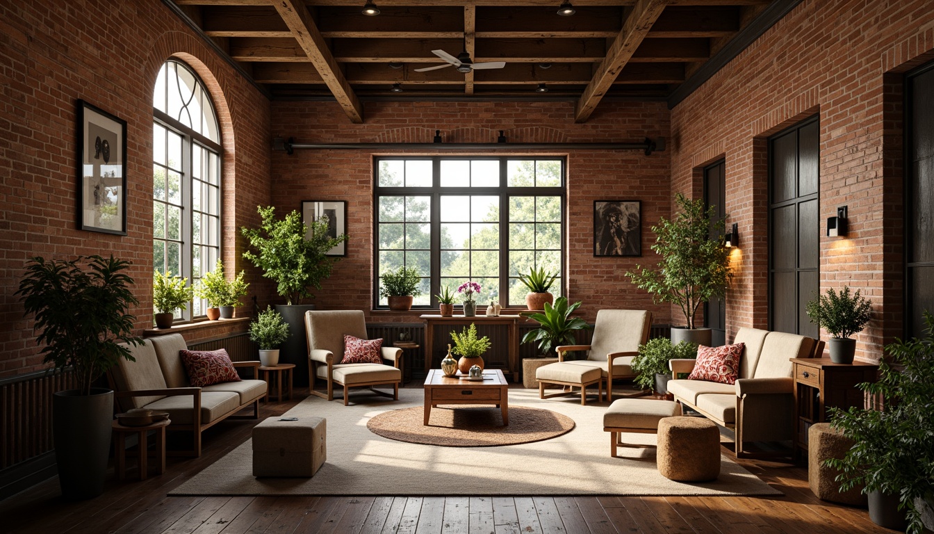 Prompt: Exposed brick walls, industrial metal beams, reclaimed wood accents, vintage decorative elements, soft warm lighting, cozy intimate atmosphere, romantic ambiance, eclectic mix of antique and modern furniture, lush greenery, potted plants, natural textiles, earthy color palette, distressed finishes, ornate metalwork, grand windows, arched doorways, rustic wooden floors, plush area rugs, dramatic ceiling heights, atmospheric misting, warm golden lighting, 1/1 composition, shallow depth of field, realistic textures, ambient occlusion.