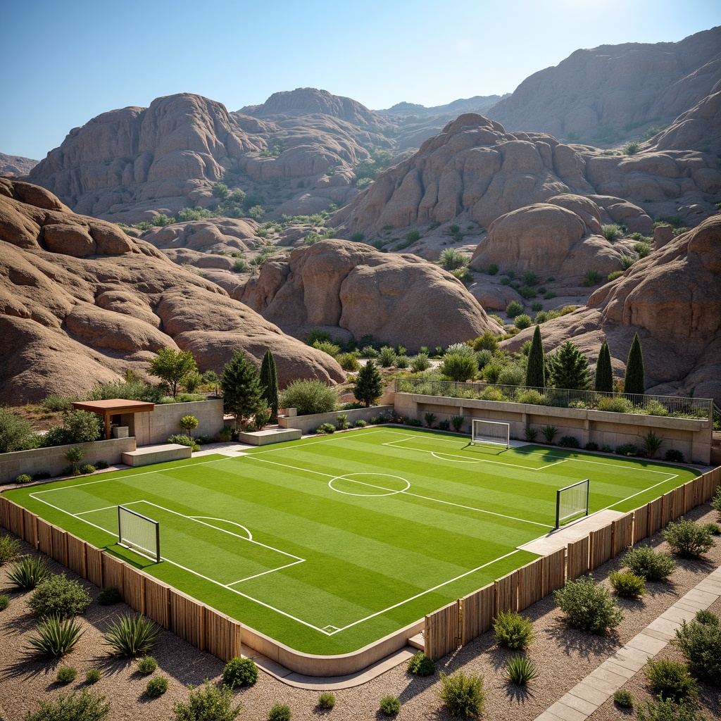 Prompt: Rustic sports field, undulating terrain, natural stone walls, weathered wood fences, vibrant green grass, athletic tracks, soccer goals, basketball hoops, tennis courts, modernist structural elements, exposed steel beams, concrete foundations, geometric shapes, minimalist landscaping, drought-resistant plants, succulent gardens, gravel pathways, sunny day, high-contrast lighting, dramatic shadows, 1/1 composition, symmetrical framing, realistic textures, ambient occlusion.