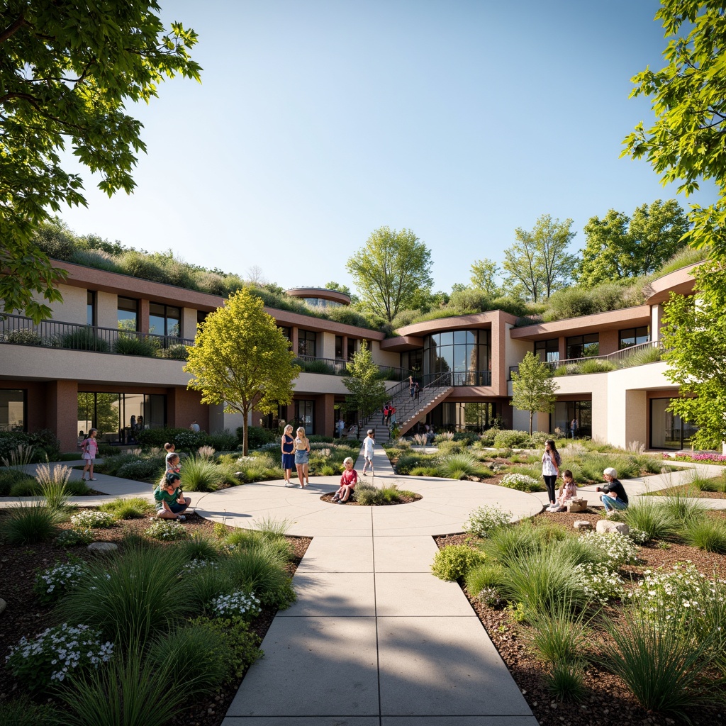 Prompt: Vibrant middle school courtyard, lush green roofs, native plant species, rainwater harvesting systems, solar panels, wind turbines, eco-friendly materials, natural stone walkways, modern sustainable architecture, large windows, glass doors, blooming trees, sunny day, soft warm lighting, shallow depth of field, 3/4 composition, panoramic view, realistic textures, ambient occlusion, outdoor classrooms, educational signage, interactive exhibits, butterfly gardens, birdhouses, composting areas, recycling facilities, shaded outdoor spaces, misting systems.