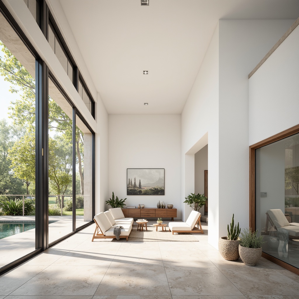 Prompt: Simple white walls, large windows, sliding glass doors, natural stone floors, minimal ornamentation, clean lines, monochromatic color scheme, abundant natural light, bright airy atmosphere, sparse greenery, potted plants, wooden accents, subtle textures, soft warm lighting, shallow depth of field, 3/4 composition, panoramic view, realistic reflections, ambient occlusion.