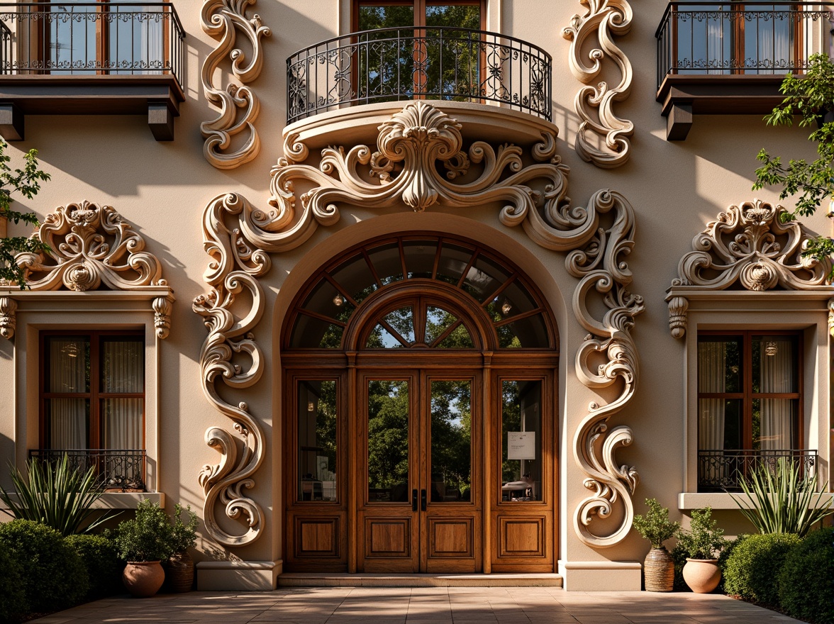 Prompt: Intricate ornate fa\u00e7ade, flowing organic lines, sinuous curves, botanical motifs, stained glass windows, wrought iron balconies, grand entranceways, ornamental doorways, carved wooden doors, decorative stonework, asymmetrical composition, vibrant earthy tones, warm golden lighting, soft focus, shallow depth of field, 1/1 composition, realistic textures, ambient occlusion.