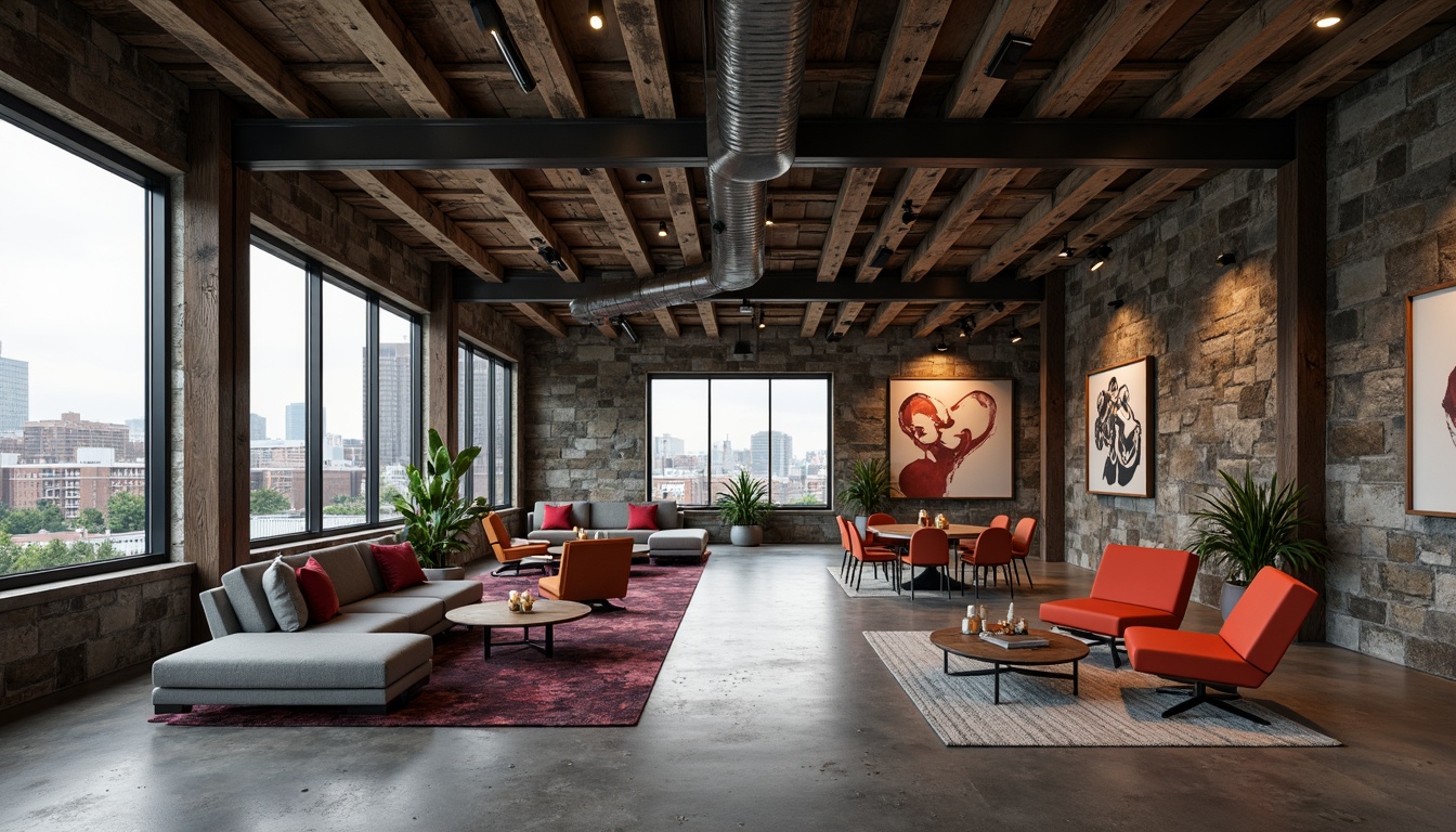 Prompt: Rustic metal beams, distressed wood planks, rough-hewn stone walls, industrial concrete floors, exposed ductwork, minimalist lighting fixtures, geometric-shaped furniture, bold color accents, abstract artwork, urban cityscape views, overcast skies, dramatic shadows, high-contrast lighting, 1/1 composition, symmetrical framing, gritty textures, ambient occlusion.