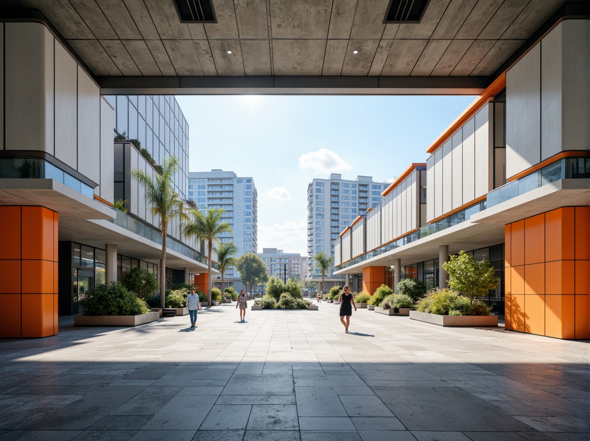 Prompt: Minimalist open plaza, clean lines, rectangular shapes, industrial materials, exposed ductwork, functional simplicity, bold typography, primary color accents, geometric patterns, urban landscape, modern cityscape, sunny day, high contrast lighting, deep depth of field, 1/1 composition, symmetrical framing, abstract textures, ambient occlusion.