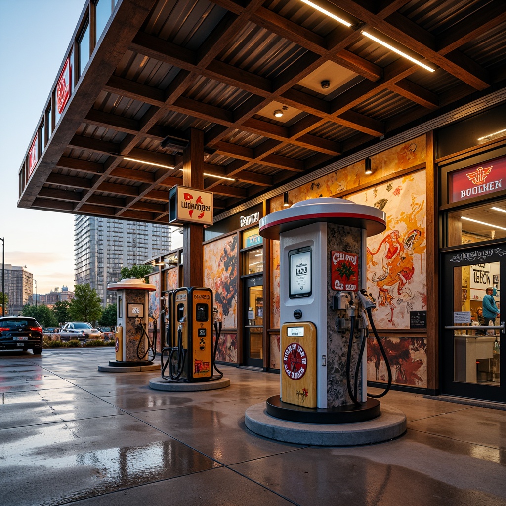 Prompt: Retro-futuristic gas station, eclectic mix of materials, distressed metal cladding, reclaimed wood accents, vibrant neon signs, bold color blocking, industrial-style lighting fixtures, polished concrete floors, exposed ductwork, corrugated steel roofs, ornate decorative tiles, vintage-inspired fuel pumps, modern LED signage, abstract graffiti murals, urban cityscape backdrop, warm golden hour lighting, shallow depth of field, 1/1 composition, realistic textures, ambient occlusion.