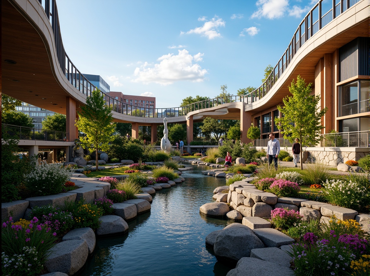 Prompt: Curved pedestrian bridge, postmodern architecture, vibrant urban landscape, lush greenery, blooming flowers, meandering water features, natural stone walls, steel beams, wooden decking, modern streetlights, eclectic mix of materials, bold color schemes, abstract sculptures, dynamic shapes, futuristic ambiance, warm evening lighting, shallow depth of field, 1/2 composition, low-angle shot, realistic textures, ambient occlusion.