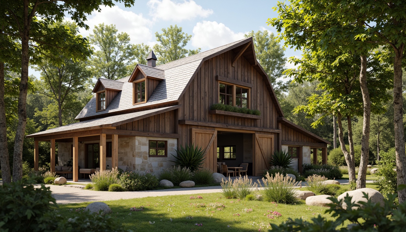 Prompt: Rustic barn, reclaimed wood textures, earthy tones, natural stone walls, corrugated metal roofs, wooden beams, vintage farm equipment, lush greenery, wildflowers, sunny day, soft warm lighting, shallow depth of field, 3/4 composition, panoramic view, realistic textures, ambient occlusion, sustainable materials, eco-friendly insulation, solar panels, rainwater harvesting systems, living roofs, organic gardens, natural ventilation systems, earthy color palette, distressed wood accents.