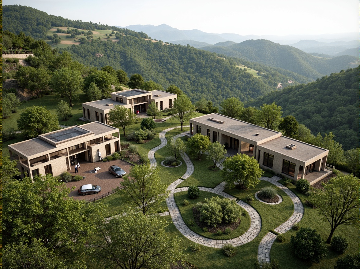 Prompt: Rustic hillside, lush green vegetation, winding stone pathways, modernist Bauhaus buildings, flat roofs, rectangular forms, industrial materials, steel frames, large windows, minimalist decor, functional design, harmonious integration, natural surroundings, rolling hills, serene atmosphere, soft diffused lighting, shallow depth of field, 2/3 composition, panoramic view, realistic textures, ambient occlusion.