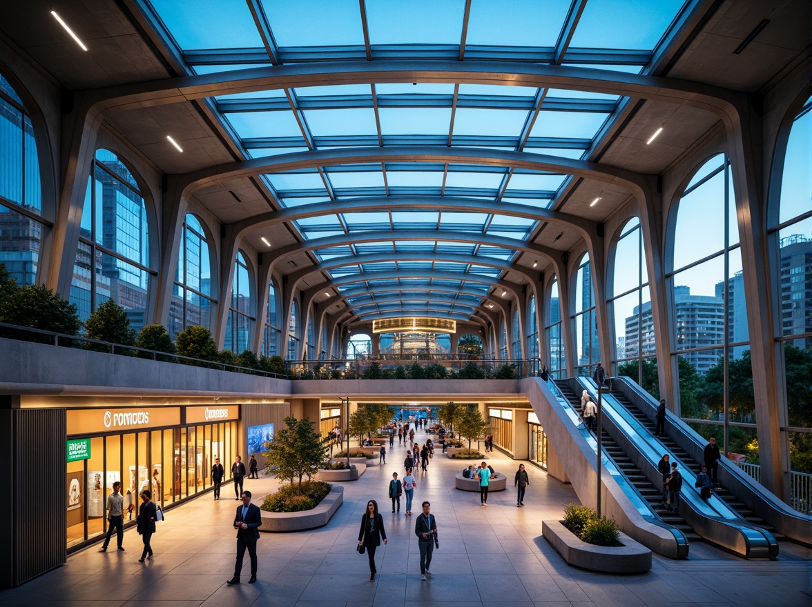 Prompt: Modern metro station, sleek glass roofs, steel beams, concrete columns, futuristic escalators, vibrant LED lighting, urban cityscape, busy pedestrian traffic, rush hour atmosphere, natural stone flooring, metallic accents, geometric patterns, angular lines, minimalist design, efficient passenger flow, clear signage, intuitive wayfinding, comfortable seating areas, ambient occlusion, shallow depth of field, 3/4 composition, panoramic view.