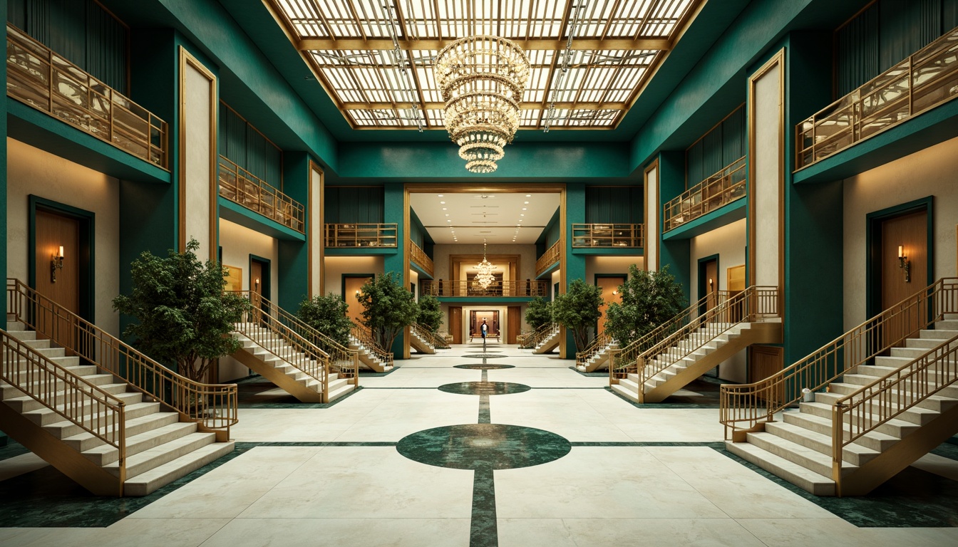 Prompt: Luxurious hospital interior, rich jewel tones, emerald green walls, navy blue accents, metallic gold fixtures, ornate geometric patterns, lavish marble floors, grand staircases, elegant curved lines, sophisticated chrome details, warm beige backgrounds, soft cream lighting, subtle gradient effects, high-contrast shadows, cinematic composition, dramatic focal points, opulent textures, intricate moldings.