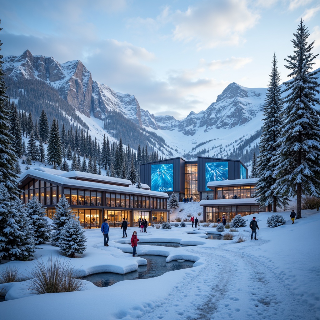 Prompt: Snow-capped mountains, frosty pine trees, modern ski resort architecture, sleek glass facades, angular metal frames, minimalist design, vibrant neon signage, icy blue accents, snowflake patterns, frozen water features, winter sports equipment, ski lifts, gondolas, mountain peaks, cloudy skies, soft warm lighting, shallow depth of field, 3/4 composition, panoramic view, realistic textures, ambient occlusion.